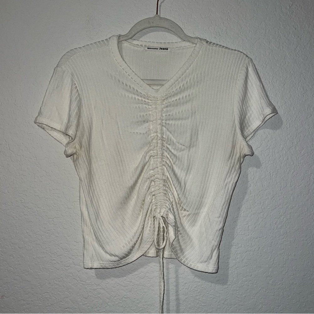 Reformation Women's White Ribbed front Ruched Top